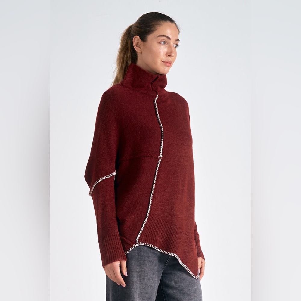 Elan Brick Asymmetric Stitch Sweater Funnel Neck Oversized Knit Sz M NWT - Picture 3 of 8